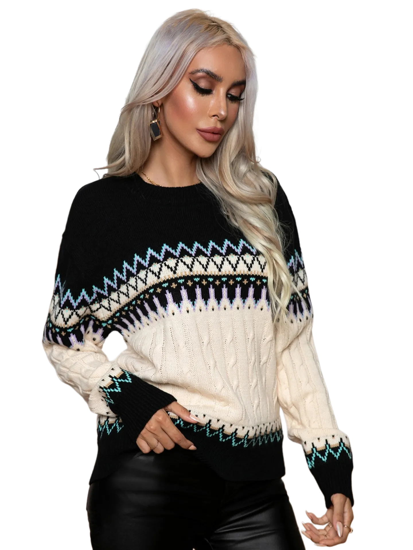 Round Neck Cable-Knit Sweater