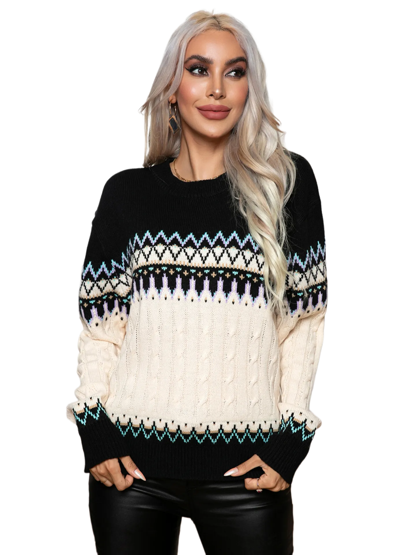 Round Neck Cable-Knit Sweater