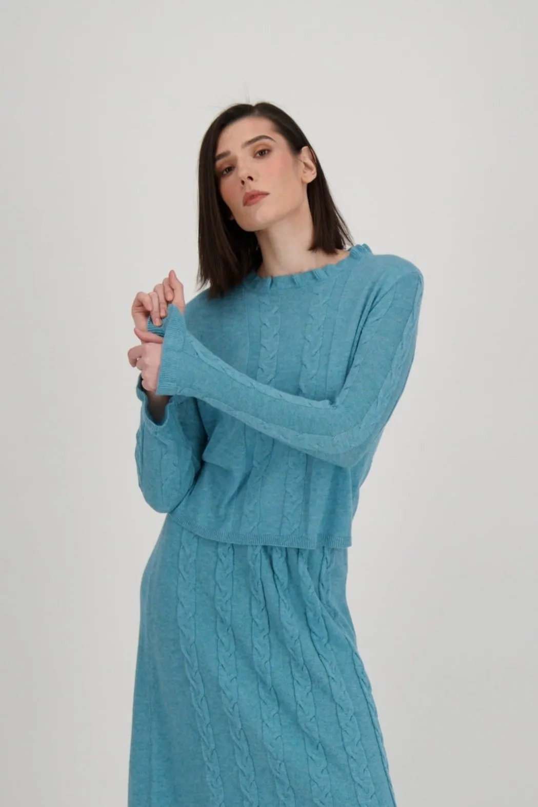 Ruffle Neck Cable Knit Sweater