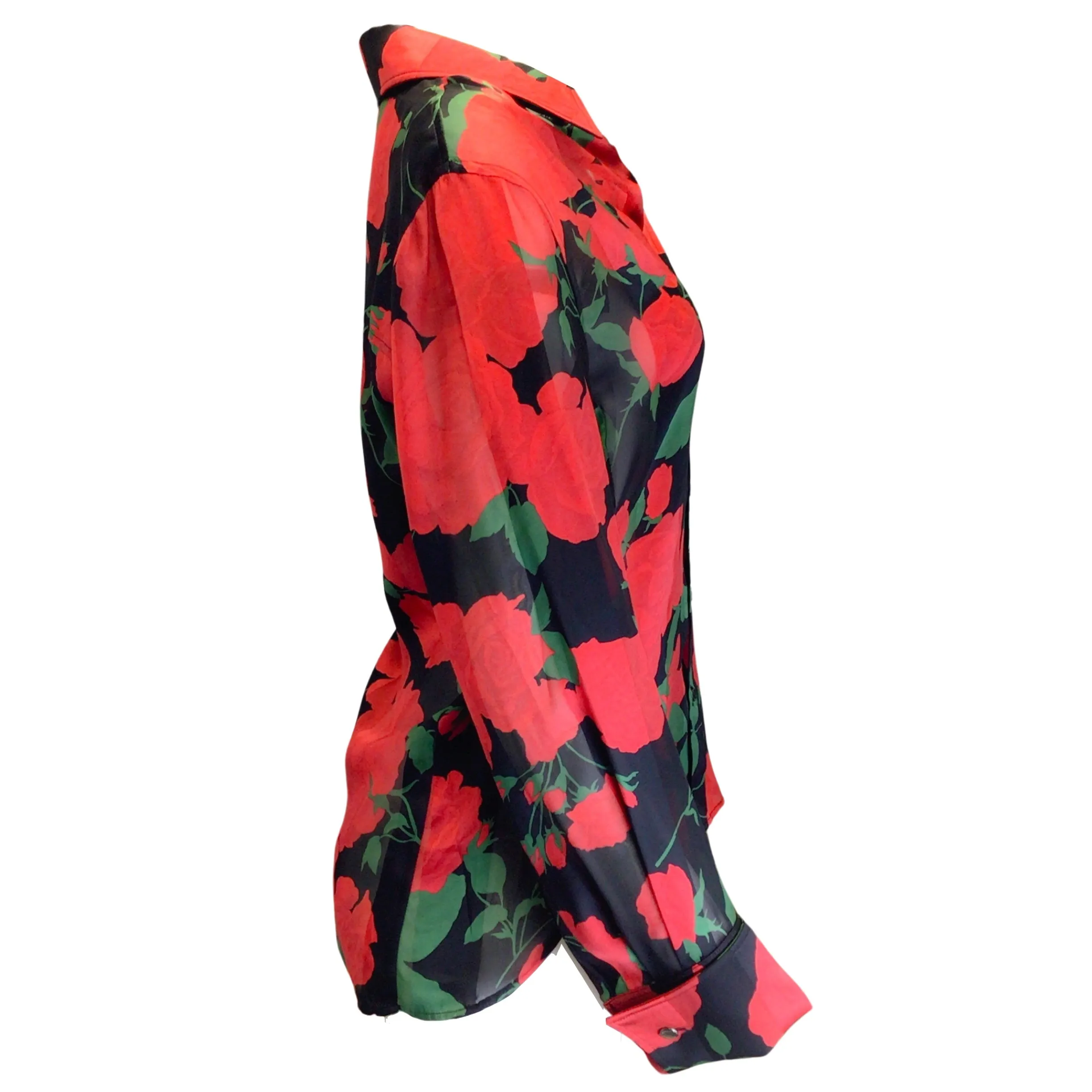 Saint Laurent Black / Red / Green 2022 Floral Rose Print Button-down Silk Shirt