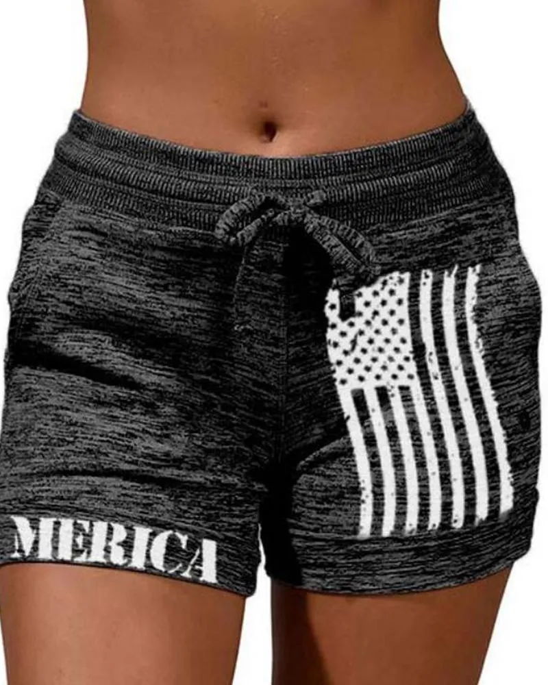 Solid Color Splicing Flag&Letter Print Drawstring Short Pants