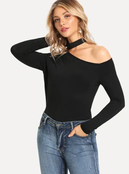 Women Casual Plain Asymmetric Neck Black Sexy Cut Long Sleeve Tee