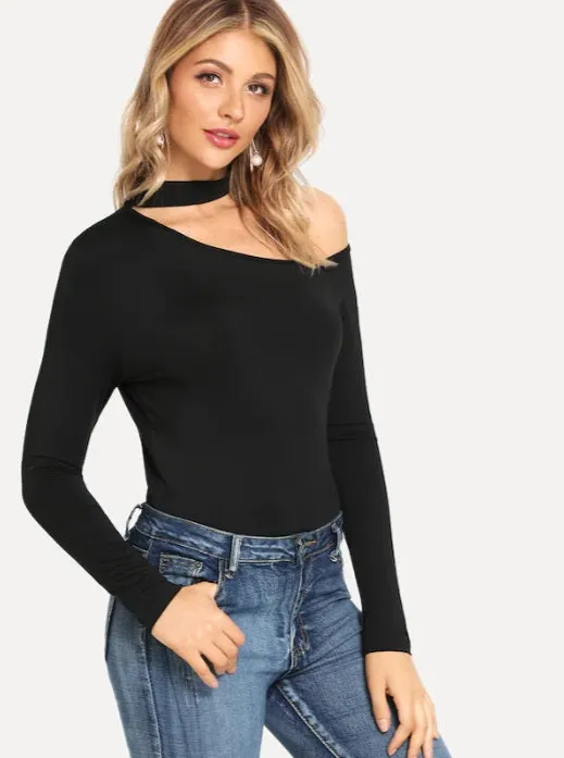 Women Casual Plain Asymmetric Neck Black Sexy Cut Long Sleeve Tee