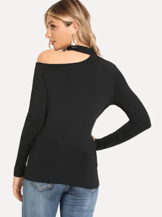 Women Casual Plain Asymmetric Neck Black Sexy Cut Long Sleeve Tee