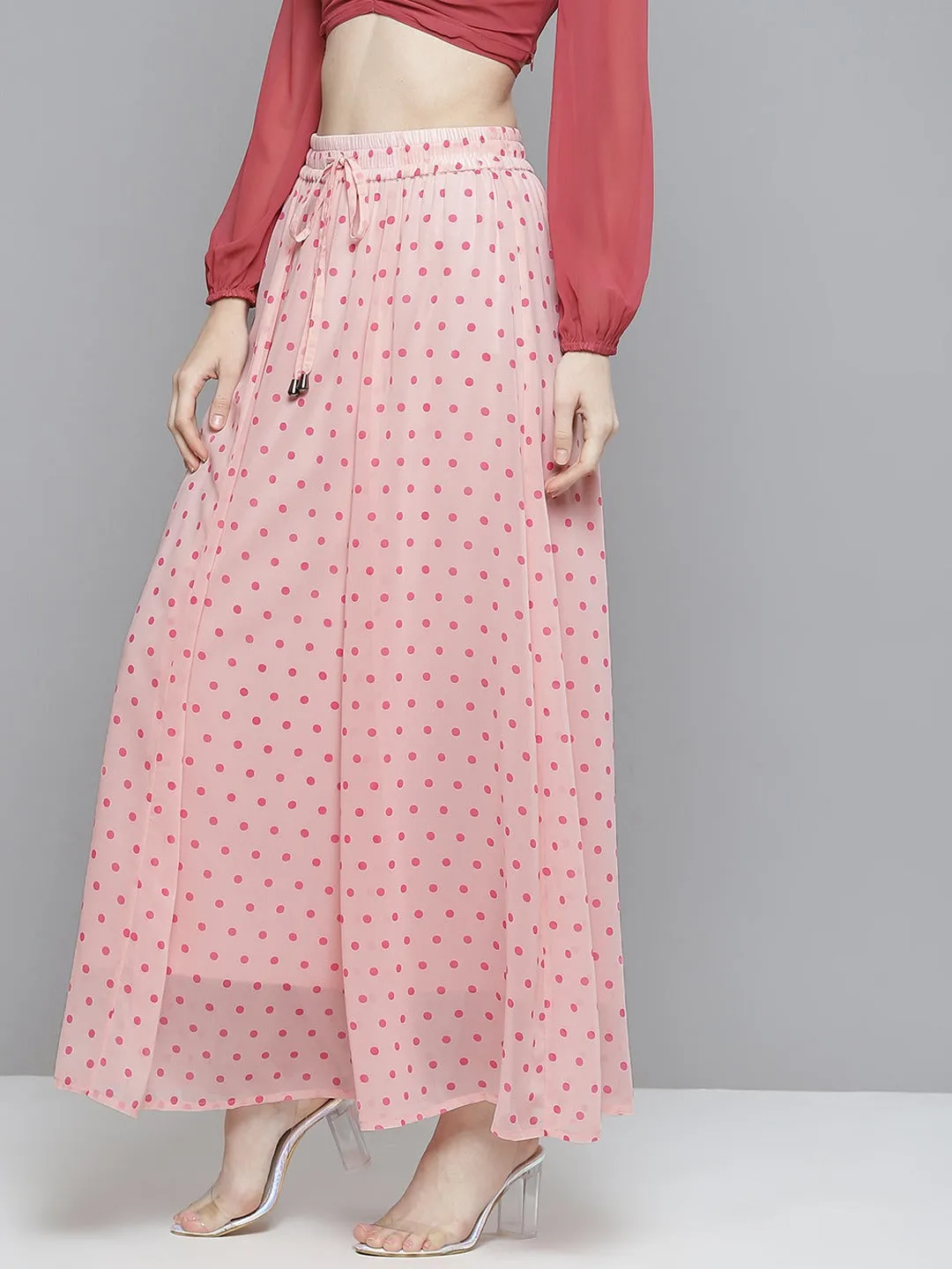 Women Pink With Fuchsia Polka Dot Maxi Skirt