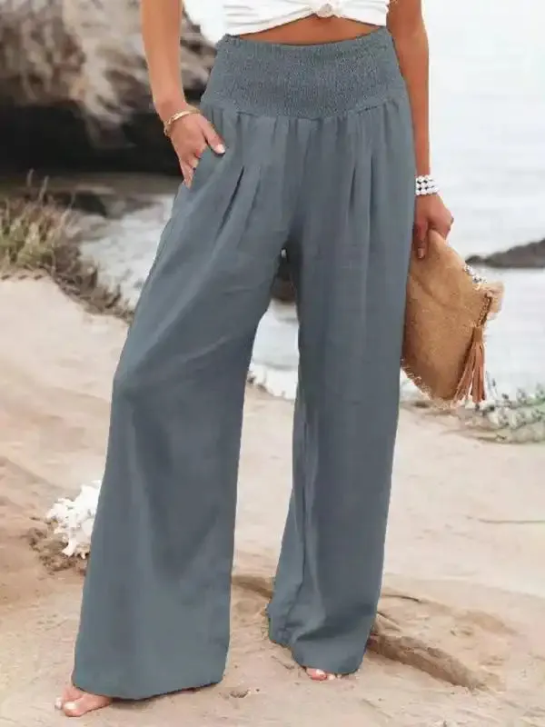 Women’s casual wide-leg slub cotton loose trousers