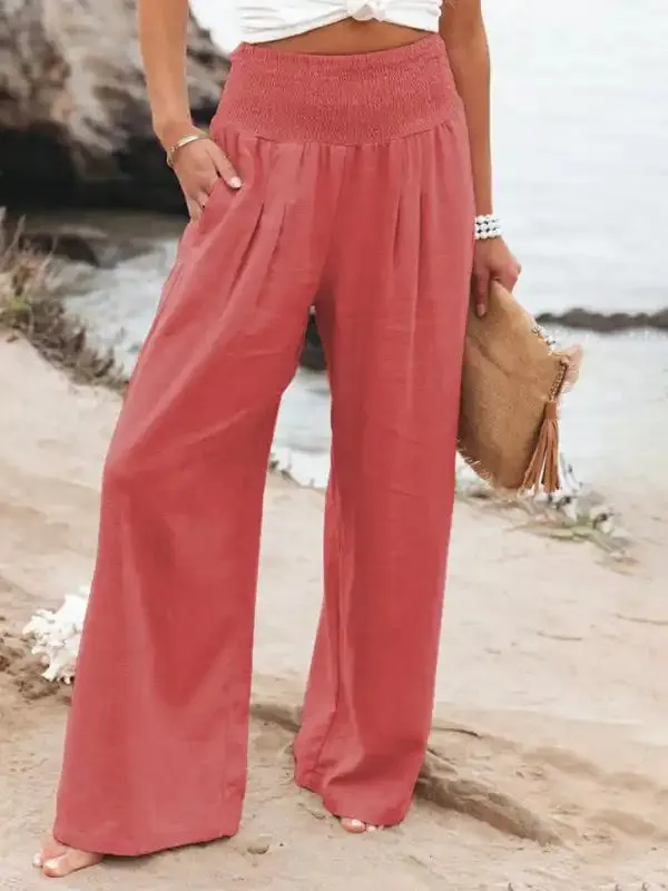 Women’s casual wide-leg slub cotton loose trousers