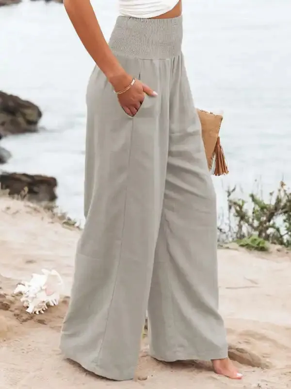 Women’s casual wide-leg slub cotton loose trousers