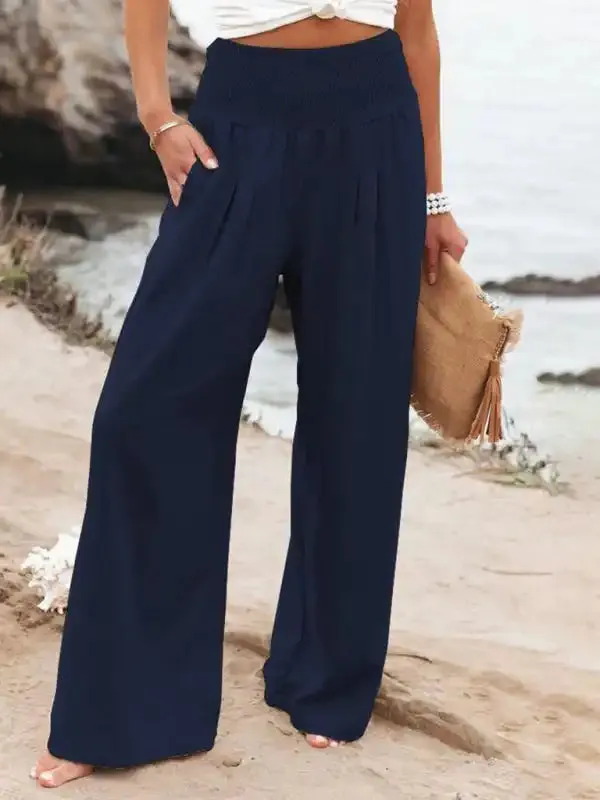 Women’s casual wide-leg slub cotton loose trousers