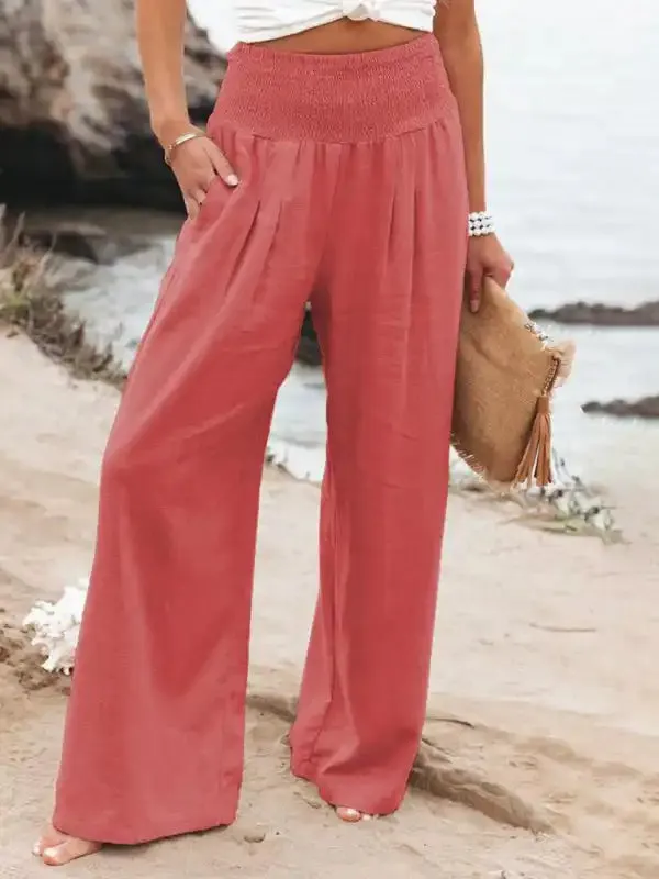 Women’s casual wide-leg slub cotton loose trousers