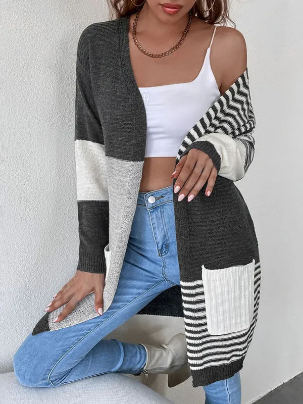 Women's Long Striped Color Block Knit Drape Cardigan With Pockets