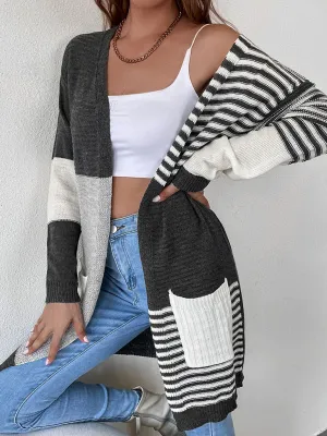 Women's Long Striped Color Block Knit Drape Cardigan With Pockets